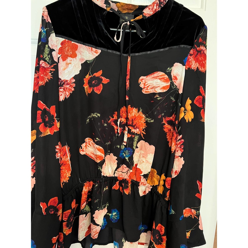 Worthington Women's Drop Waist Black Floral Chiffon Velvet V Neck Tie Tunic Lg